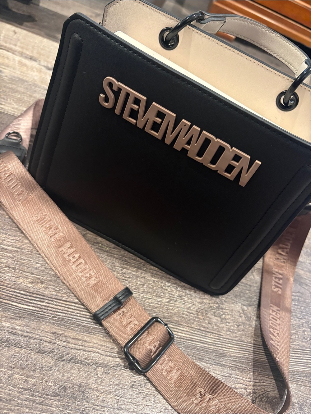 Steve Madden Black Evelyn Bag with Beige Trim and Logo Plate